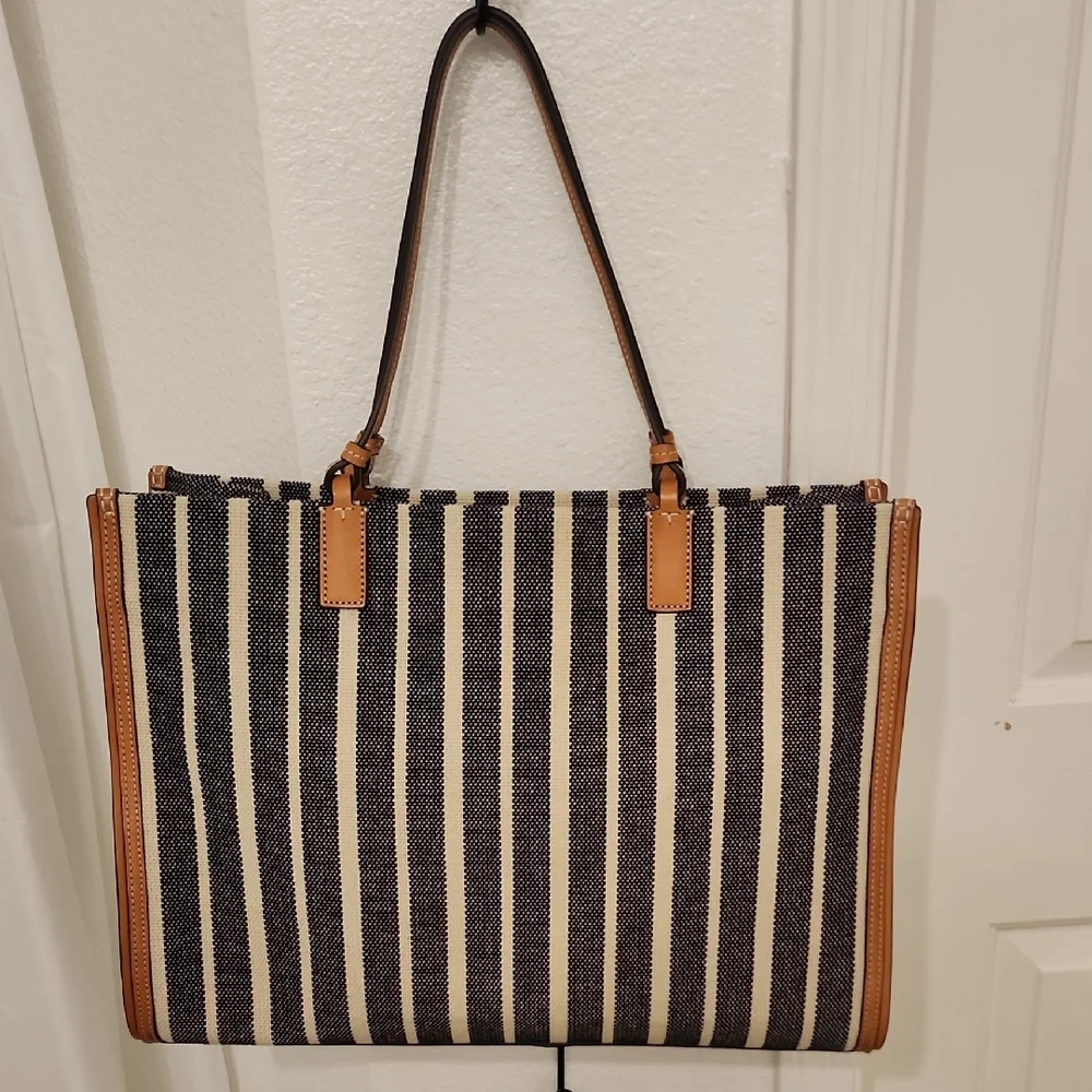 Tory Burch Striped Ella Tan and Black Tote Bag - Picture 3 of 11